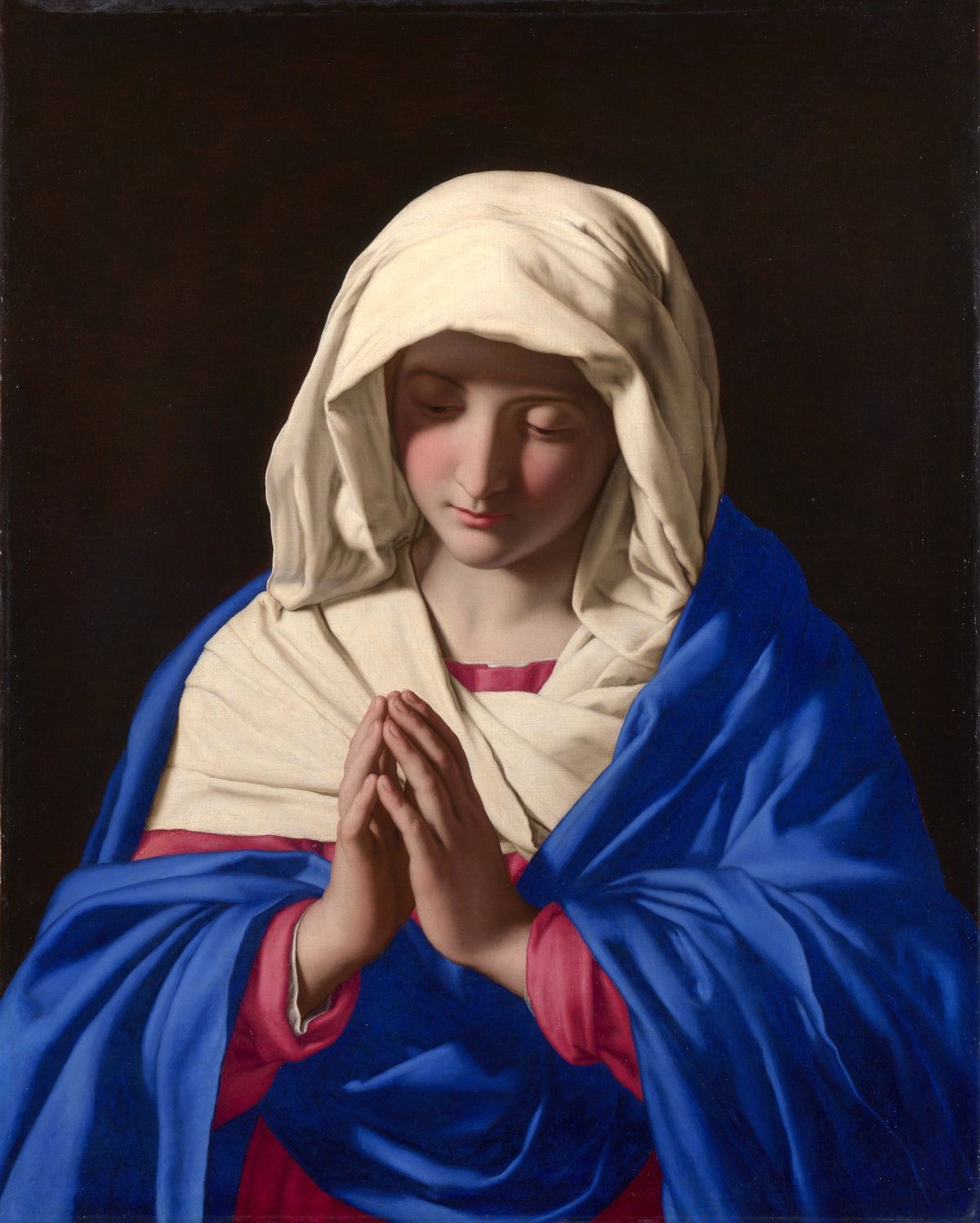 Sassoferrato, The Virgin in Prayer: Mary, hands clasped, eyes lowered in devotion.